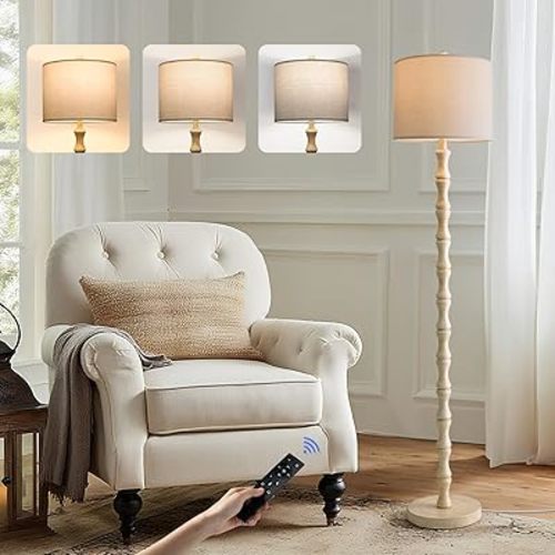 62" Rustic Farmhouse Floor Lamp Antique White with Remote & Dimmable 9W Bulb, 3 Color Temperatures Resin Standing Lamp, Retro Tall Lamp for Living Room, Bedroom, Nursery, Office, Reading Nook