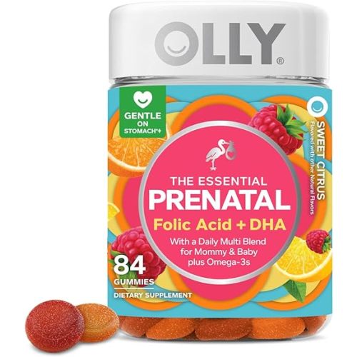 OLLY Essential Prenatal Gummy Multivitamin, Folic Acid, Vitamin D, Omega 3 DHA, Supports Healthy Growth and Brain Development, Citrus Berry - 84 Count
