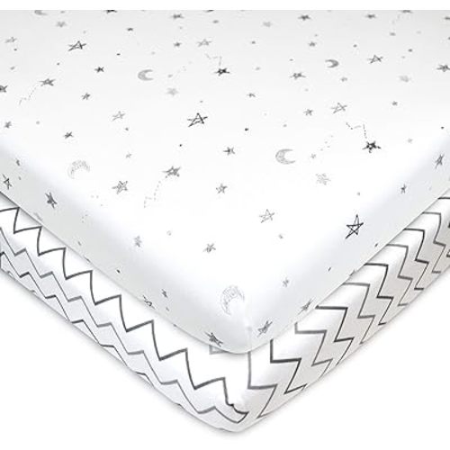 American Baby Company 2 Pack Fitted Pack N Play Playard Sheet 27" x 39", Soft Breathable Neutral 100% Cotton Jersey Pack and Play Sheet, Grey Stars/Zigzag, for Boys and Girls, Fits Most Mini Crib