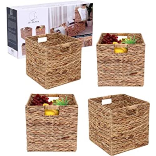 JCLD&YO9 Foldable Handwoven Water Hyacinth Storage Baskets Wicker Cube Baskets Rectangular Laundry Organizer Totes,Set of 4 Pcs,12x12x12inch