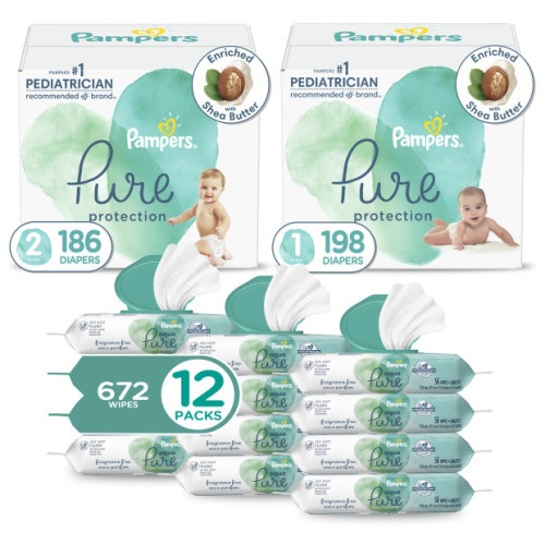 Pure Protection Diapers Starter Kit: Sizes 1 (198 count) & 2 (186 count) diapers + Aqua Pure Sensitive Wipes 12 Pack (672 count)
