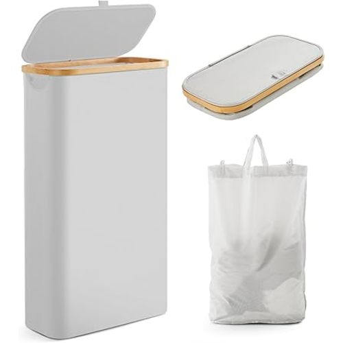 Fiona's magic Slim Laundry Hamper with Lid, 63L Narrow Laundry Basket with Removable Bag, Grey Collapsible Dirty Clothes Basket, Thin Tall Storage Basket for Bathroom, Bedroom