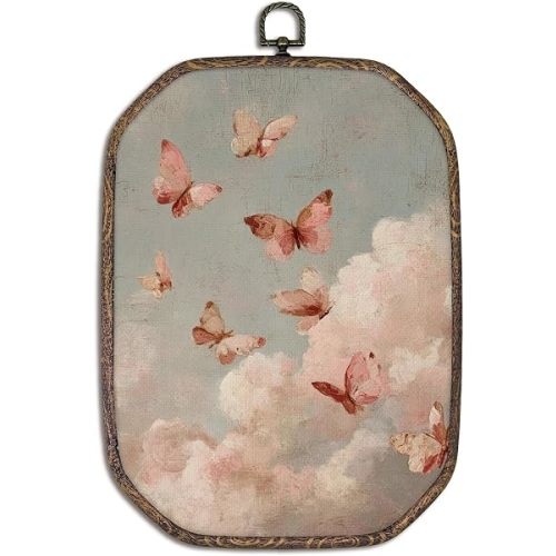Yorhifa Whimsical Cloud Butterfly Framed Wall Art, Rustic Soft Pink Pastel Cloud Oval Wall Art, Cottagecore Sky Oval Walls Decor, Girl Nursery Room Canvas Artwork Hanging Decor, 7x10.2in