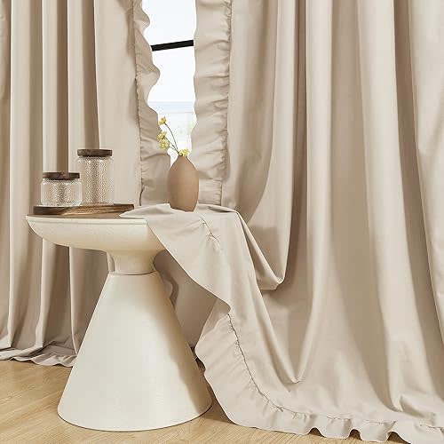 Beige Ruffle Curtains 84 Inches Long 2 Panels Suede Fabric Light Tan Farmhouse Curtains for Living Room Bedroom Rod Pocket Light Filtering Shabby Chic Window Curtains for Girls Nursery Room, 52x84