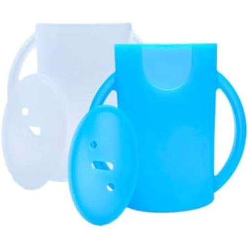Deluxe Squeeze Proof Flipping Holder (2-Pack with lids) for Food Pouches & Juice Boxes - Multipurpose - Prevent Messes & Support Self-Feeding - Easy Grasping Handles - Made in USA