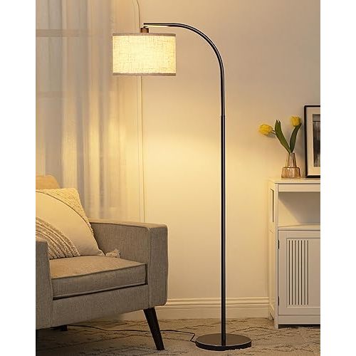 DEWENWILS Modern Arched Floor Lamps with Adjustable Beige Line Lampshade, Standing Tall Arc Lamp for Living Room, Bedroom, Office, Simple Design Farmhouse Style (Black)