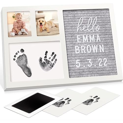Baby Hand and Footprint Kit with Felt Letterboard, Inkless Ink Pad - Personalized Baby Gifts, Baby Footprint Kit, Newborn Keepsake Baby Handprint Kit, Dog Paw Print Kit (Alpine White)