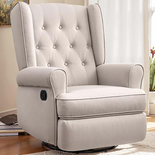 COOLHUT Swivel Glider Recliner Chair, Rocking Chair with Ergonomic Design, Decorative Button Accents, Classic Single Sofa, Perfect for Reading, Beige