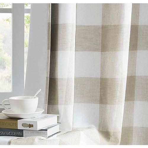 Short Tan White Buffalo Plaid Full Blackout Window Curtains Checkered Vintage Linen Textured Grommet Panels Thermal Insulated Drapes Farmhouse Bedroom Window Treatment,Living Room,40"x63"x2