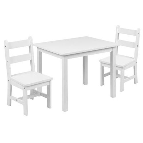 Emma and Oliver Kids 3 Piece Solid Hardwood Table and Chair Set for Playroom, Kitchen - White