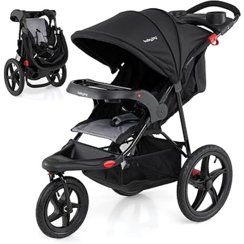 BABY JOY Jogging Stroller, Foldable Jogger Stroller with Adjustable Canopy & Backrest, Air-Filled Tires, Child & Parent Tray, Cup Holders, Storage Basket, Running Stroller for Babies Toddlers (Black)