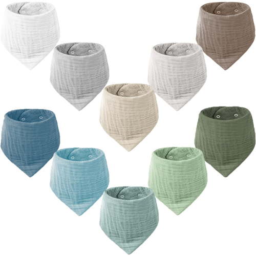 Muslin Baby Bibs for Boys Girls, 10 Pack Drool Bibs, Muslin Triangular Scarf Baby Bibs,Super Absorbent Organic Cotton Neckerchief for Infants Toddlers