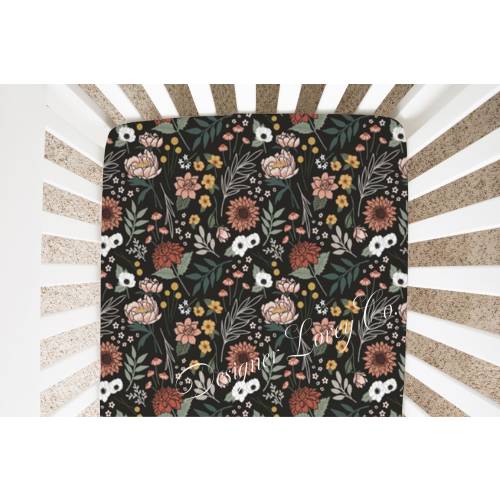 Black Boho Floral Crib Sheet, Terracotta Baby Bedding, Changing Pad Cover, Mini Crib Sheet, Earthy Nursery Bedding