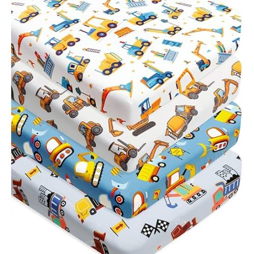 4 Pack Baby Boy Crib Sheets Set Soft Fitted Construction Truck or Dinosaur Theme Baby Boy Mattress Covers Breathable Toddler Sheets for Infant or Newborn Boys (Construction, Crib Sheets)