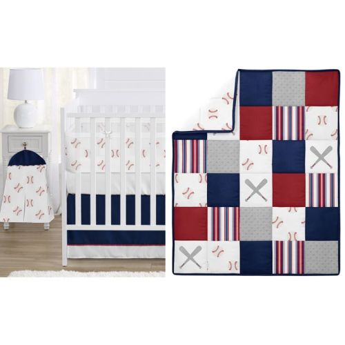 Sweet Jojo Designs 6p Boy Crib Bedding + BreathableBaby Breathable Mesh Liner Anti Bumper Pad Baseball Patch Red White Blue