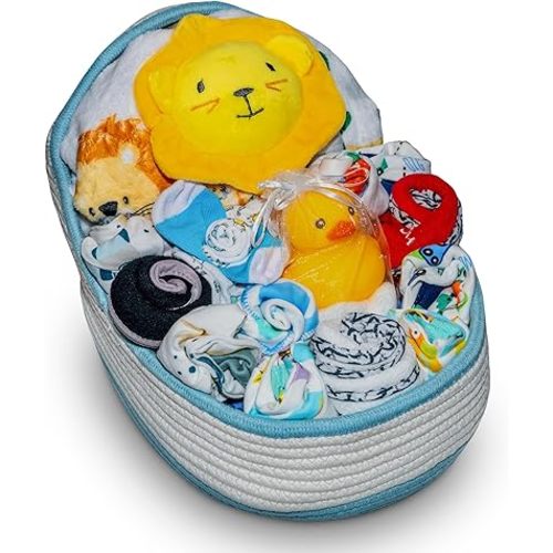 Bassinet New Baby Boy Gift Set, Baby Layette Set with 17-Piece Unique New Baby Essentials for Expecting Moms and New Parents, Blue - Nikki’s Gift Baskets