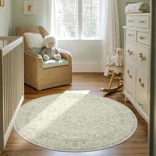 Vintage Rug Indoor Floor Cover Floral Print Blush Sage Green Circle Rug 8' Round Kitchen Living Room Bedroom Dining Room