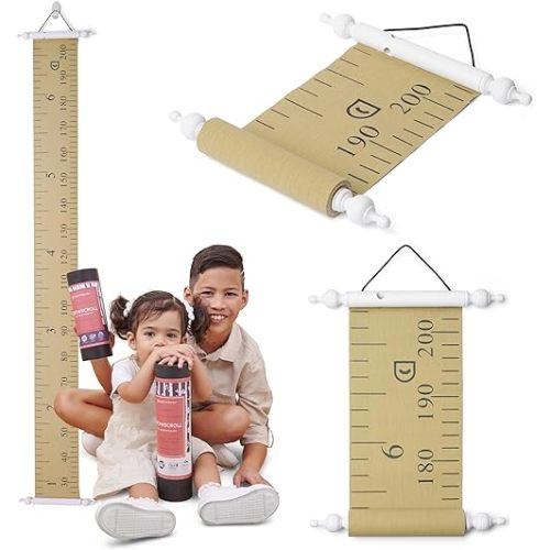 Growscroll Classic Kids Growth Chart for Wall - Unique Height Chart for Boys & Girls - Handcrafted Using Canvas & Hard Types of Wood - Great Collectible Or Family Heirloom - Khaki White Bars