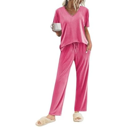 Ekouaer Womens Ribbed Knit Lounge Set Short Sleeve Top and Long Pants Sleepwear Pajama Set Two Piece Matching Outfits Set