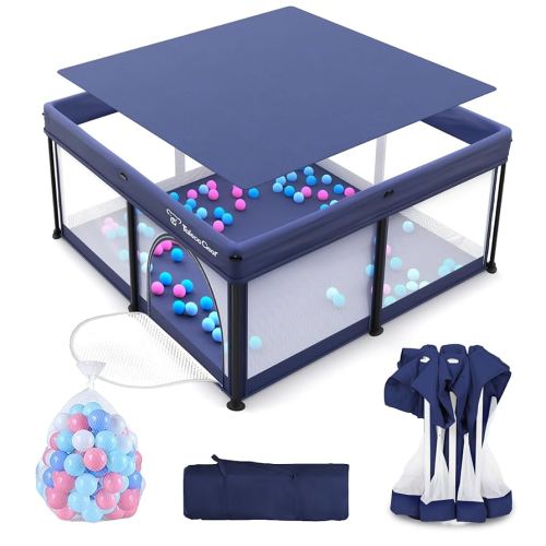 Foldable Baby Playpen for Babies and Toddlers, 50x50 Inch Portable Play Yard, Collapsible Play Pen with Mat, Visible Mesh, 50 Ocean Balls, Indoor/Outdoor Baby Fence Activity Center for Home
