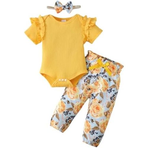 Baby Girl Clothes Infant Girl Ruffle Ribbed Romper Floral Pants Set Cute Newborn Girl Clothes