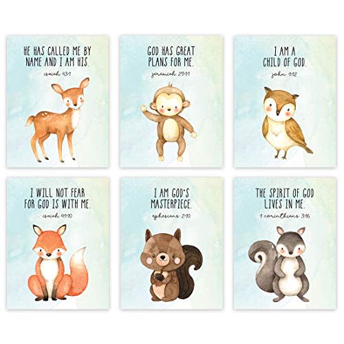 Andaz Press Christian Bible Verses Quotes Nursery Kids Bedroom Unframed Hanging Wall Art Poster Decor, 8.5x11-inch, Jungle Safari Animals, Watercolor Green, I Am a Child of God, 6-Pack, No Frames