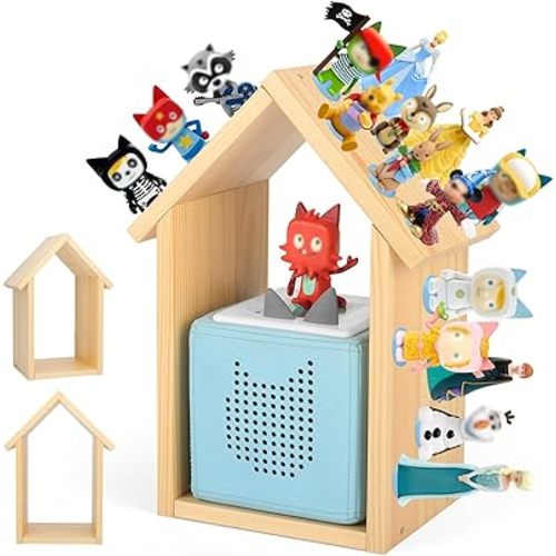 for Tonies Box Shelf Magnetic House Pine Wood Storage Shelf with 40Pcs Adhesive Metal Plate, Compatible with Tonie Box 1 & 2 Player Character Tonies Figures Characters for Children Room