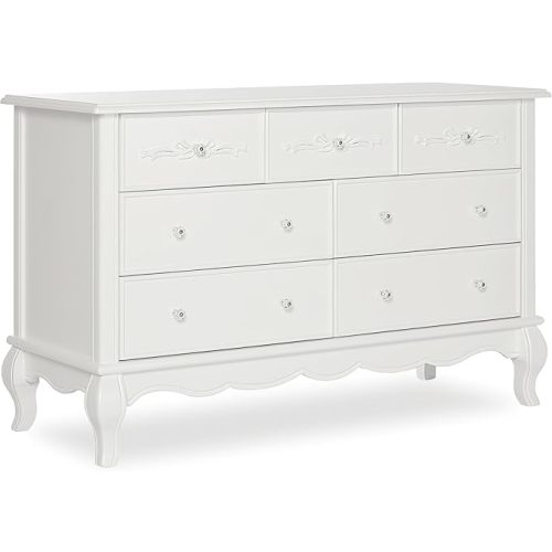 Evolur Aurora 7-Drawer Double Dresser, Assembled Baby Dresser with Crystal Knobs, Queen Anne Feet & Spacious Storage for Nursery Essentials in Frost White