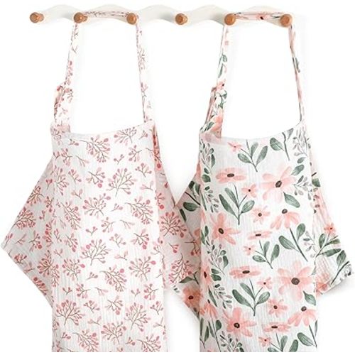 Yoofoss 2 Pack Muslin Nursing Cover for Breastfeeding, Breathable 100% Cotton Breastfeeding Cover with Arch Neckline, Multi-use Nursing Apron Soft Privacy Nursing Covers for Women - Flowers