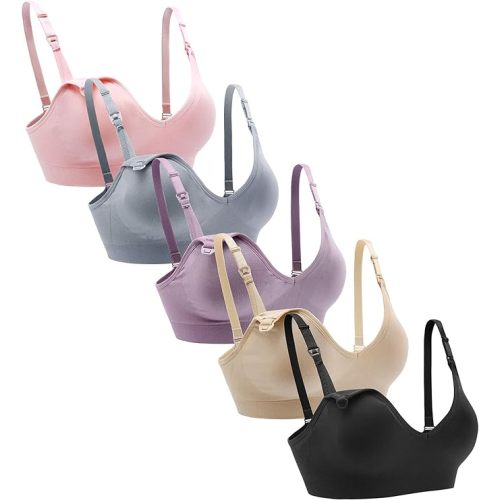 Suekaphin Nursing Bra 5pack Wireless V Neck Maternity Nursing Bra Bralette Low Cut Sleeping Breastfeeding with Extenders - Large - Black/Nude/Pink/Gray/Purplebean