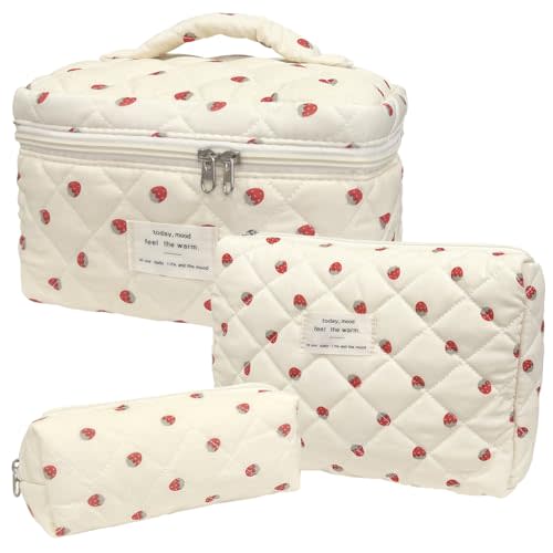 3 Piece Strawberry Quilted Makeup Bag, Large Capacity Travel Cosmetic Bag for Women and Girls, Aesthetic Storage for Daily and Travel Use (3pcs-Strawberry)