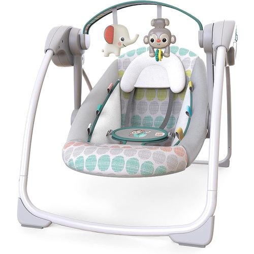 Bright Starts Portable Automatic 6-Speed Baby Swing with Adaptable Speed, Taggies, Music, Removable-Toy-Bar, 0-9 Months 6-20 lbs (Whimsical Wild)