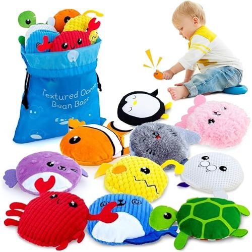 teytoy 10 Packs Sensory Bean Bags for Kids,Texture Sensory Beanbags Marine Animals Beanbags with Storage Bag,Fine Motor Toys for Preschoolers