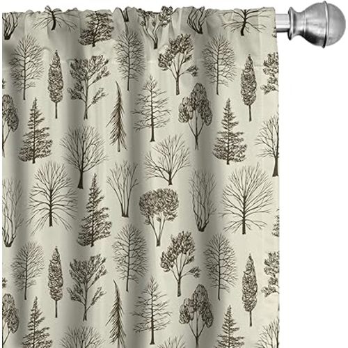 Lunarable Forest Curtains, Woodland Pine Oak Chestnut Birch Maple Trees Sketch Hand Drawn Print, Window Treatments 2 Panel Set for Living Room Bedroom, Pair of - 28" x 84", Eggshell Brown