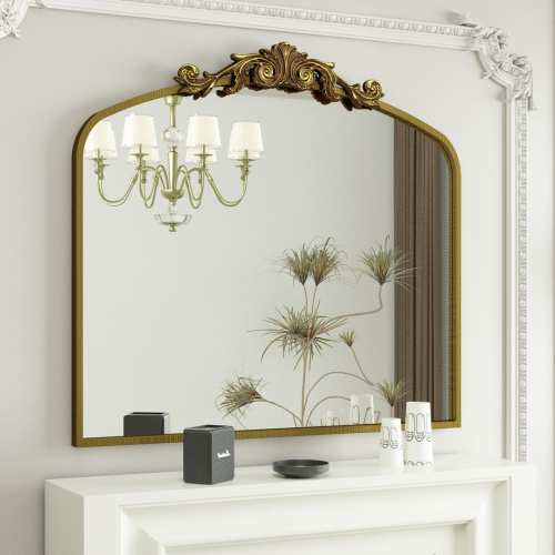 Arched Vintage Wall Mirror and Metal Frame Baroque Style Bathroom Vanity Mirror
