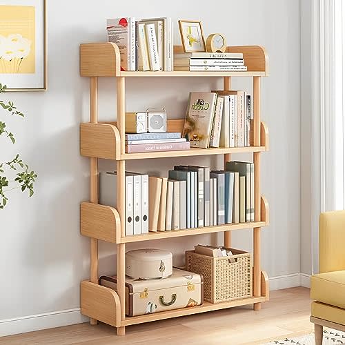 OSCHF 4-Tier Wooden Open Bookcase - Modern Display Bookshelf with Top Edge and Solid Wood Frame for Home and Office, Storage Cabinet, Oak