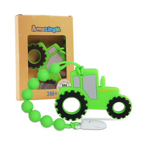 Baby Food Grade Silicone Tractor Truck Teether Toy with One Piece Design Pacifier Clip Holder,Teething Pain Relief Toys Gift Set for 3 Months+ Boys and Girls,Freezer Safe,BPA Free. (Green)