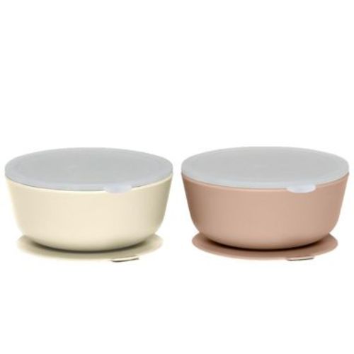 Weesprout Suction Bowls for Baby & Toddlers, 100% Silicone with Plastic Lid, 12 oz - Muted Tan + Muted Off White, Set of 2