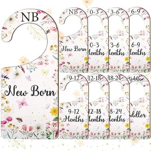 Baby Closet Dividers 8PCS, Wildflower/Floral Theme Wooden Double-Sided Clothes Size Hanger Organizer from Newborn to Toddler for Nursery Decor Baby Shower Birthday Gift