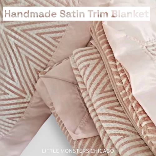 TODDLER Geometric Pink Satin Trim blanket, 100% Cotton Blanket version, Baby shower gift idea, HANDMADE in Iowa