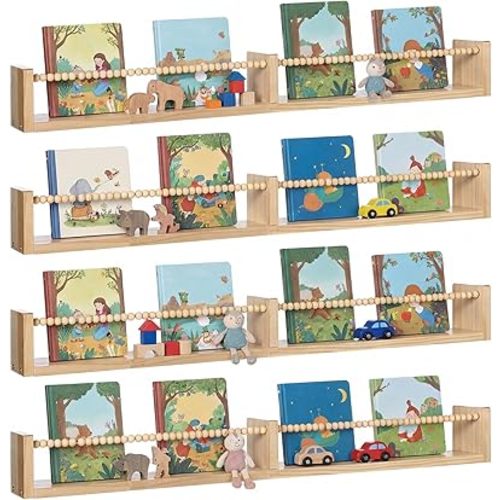 Novabright Set of 4 Nursery Book Shelves for Kids Rooms, 32 Inches Hanging Book Shelf Wooden Beaded Nursery Shelves for Bookshelf Wall Child's Room Shelving, Bedroom and Study Room