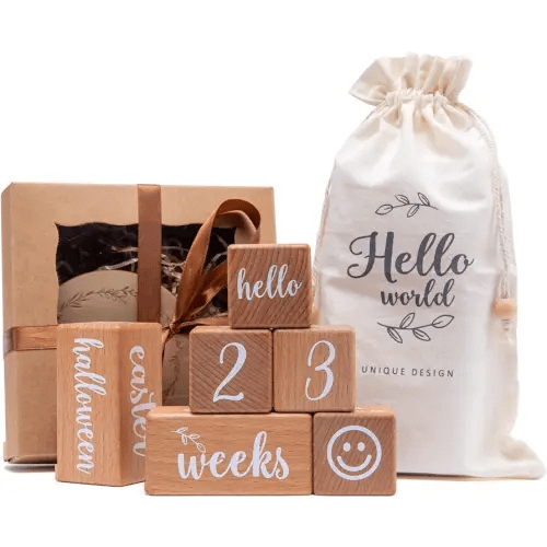 Monthly Baby Milestone Blocks Set of 6 Baby Age Blocks for Monthly Milestone Baby Age Milestone Signs Wooden Baby Photo Props Set Perfect for Baby Shower and Keepsake (Gift Set 6 PCS)