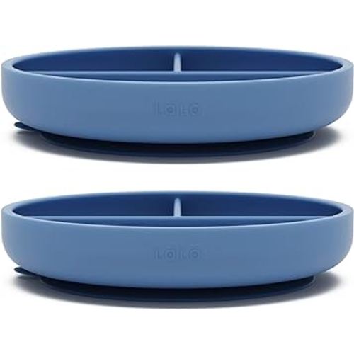 Lalo Suction Plates - 2 Pack, 100% Silicone Non-Toxic BPA-Free Baby Plates with Suction Base To Prevent Accidental Tip-Overs - Suction Plates for Toddlers With Three Divided Sections - Blueberry