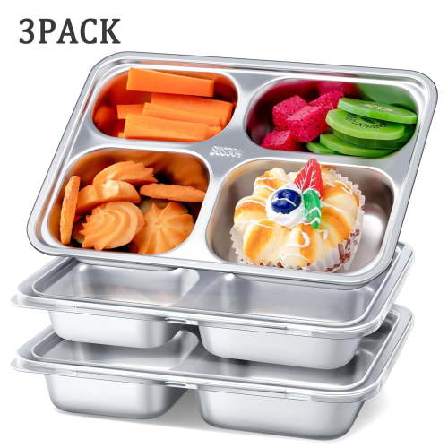 Jowenia Divided Plates, 3 Pack Stainless Steel Snack Containers with Lids, 4 Compartment Lunchable Bento Box Container for Adults