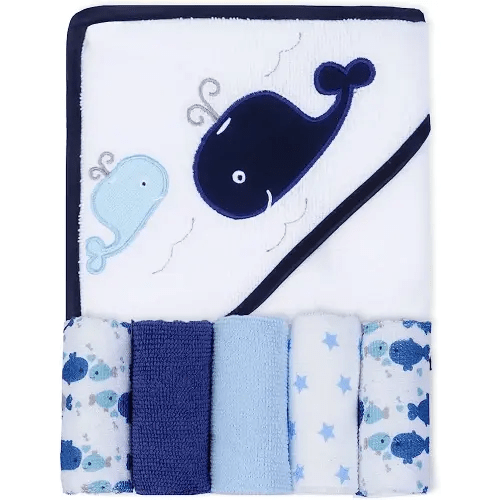 Viviland Baby Towel and Five Washcloths, Soft Absorbent Baby Girl Boy Bath Towel Set, Whale Hooded Towels with Infant Washcloths, Gift for Infants and Newborn, 26"×30", 6 Pack