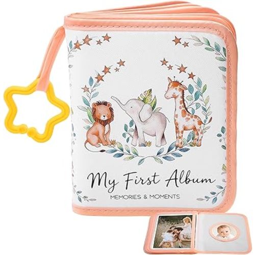 My First Photo Album for Baby, Safari Animals Photo Album | Holds 17 4x6 Pictures, Soft Cloth Book with Star Hook & Safety Mirror, Portable Photo Book 4x6 for Wedding Family Baby Travel