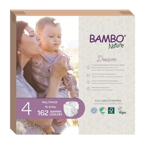 Bambo Nature Hypoallergenic Baby Diapers, Eco-Labelled Sustainable Diapers, Enhanced Leakage Protection, Totally Chlorine-free, Skin Friendly, and Super Absorbent - Size 4 (162 Count)