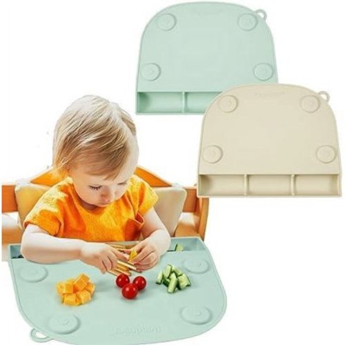 PandaEar 2 Pack Silicone Suction Placemats for Baby Kids, Food Grade Mats Toddler Placemats with Food Catching Pockets for Dining Table & Restaurants -Green/Brown