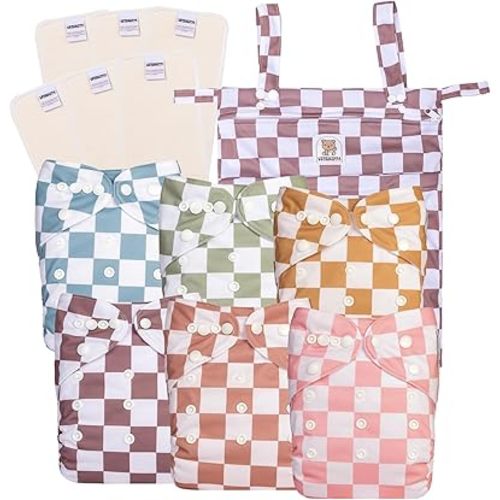Precious Pompis 6 Pack Pocket Cloth Diapers, 6 Natural Fiber Hemp/Cotton Inserts & 1 WetBag -One Size Washable Reusable Infant Baby -Athletic Wicking Jersey AWJ, Dirty Snap Closure (Checkers)