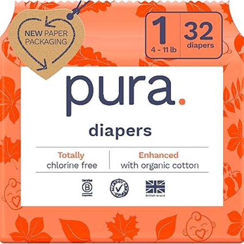Pura Size 1 Eco-Friendly Diapers (4-11lbs) Hypoallergenic, Soft Organic Cotton Comfort, Sustainable, Wetness Indicator, Allergy UK Certified. Newborn 1 Pack of 32 Baby Diapers
